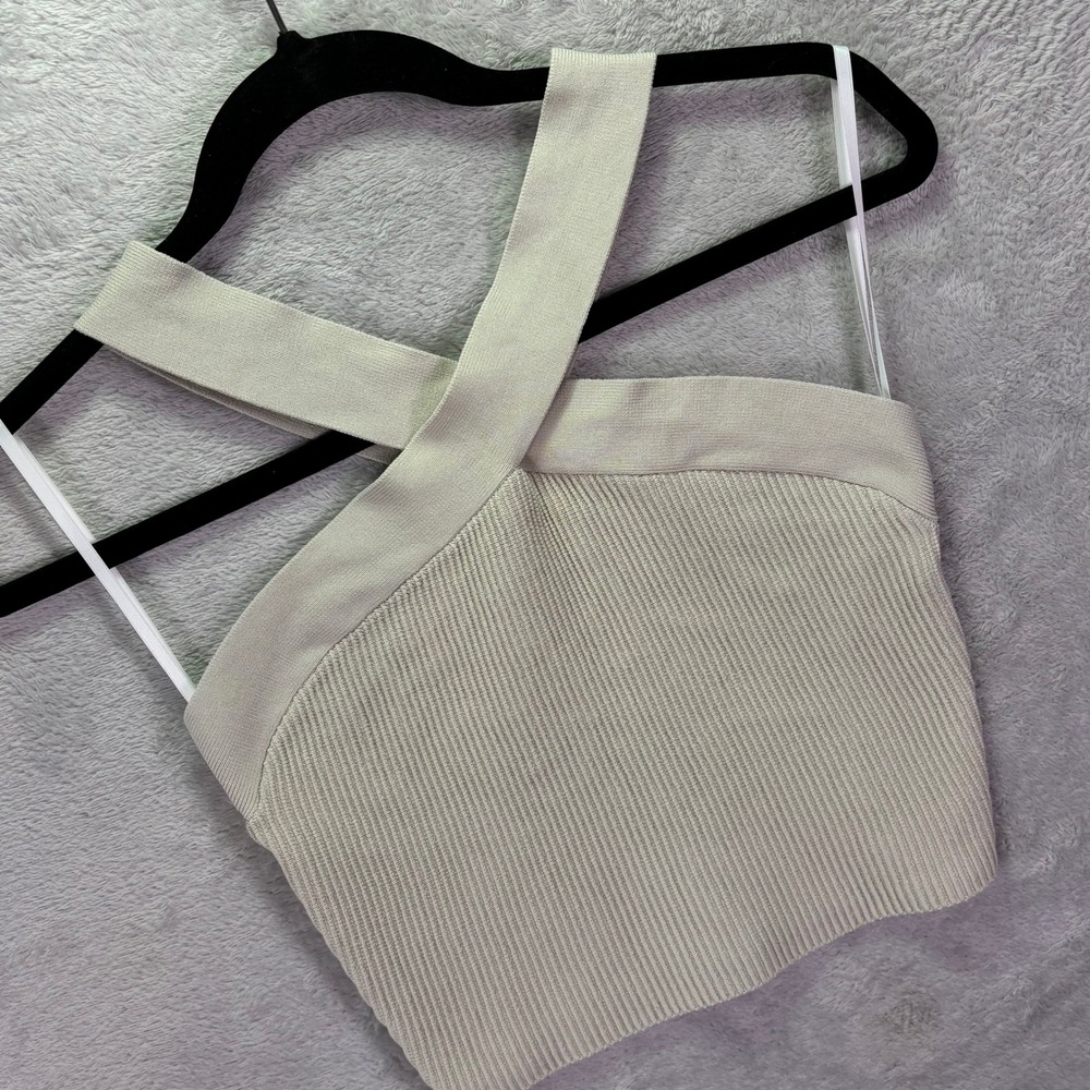 Babaton Women Top Sz M Beige Sculpt Knit Criss Cross Sleeveless Ribbed Marled